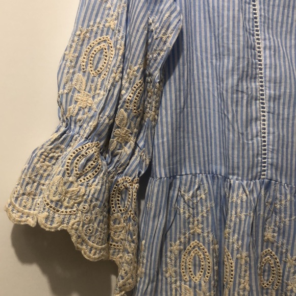 Suzanne Betro Blouse M Stripped Cotton 3/4 Sleeve Embroidered Boho Blue White - Picture 4 of 8